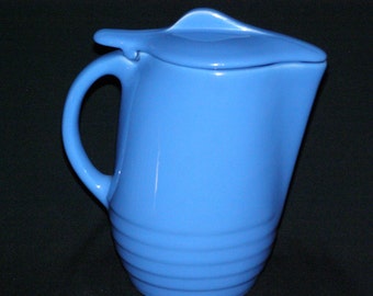 Oxford Ware Universal Pottery Blue Ringed Pitcher/Jug Blue Lid Circa 1950's Ice Lip