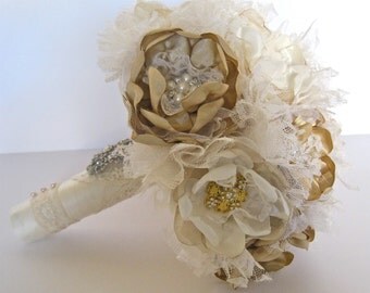 Three Flower Ivory Champagne and Grey Brooch Bouquet