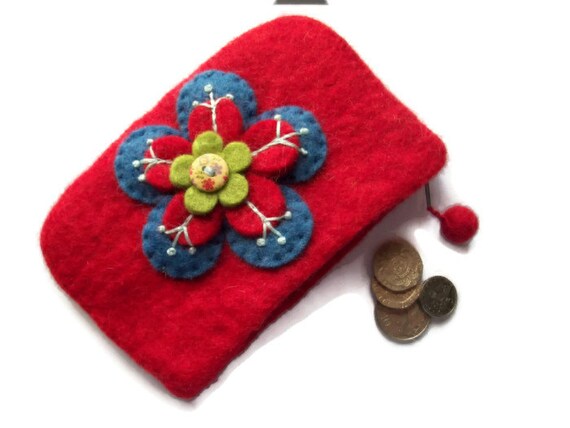 Upcycled Red Wool Felt Purse  Lined  Zipped  by moodycowdesigns