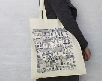 Coastal Cottages tote bag. Fashion bag featuring architectural illustrations. 100% cotton shopping bag. Cotton tote bag. UK manufactured