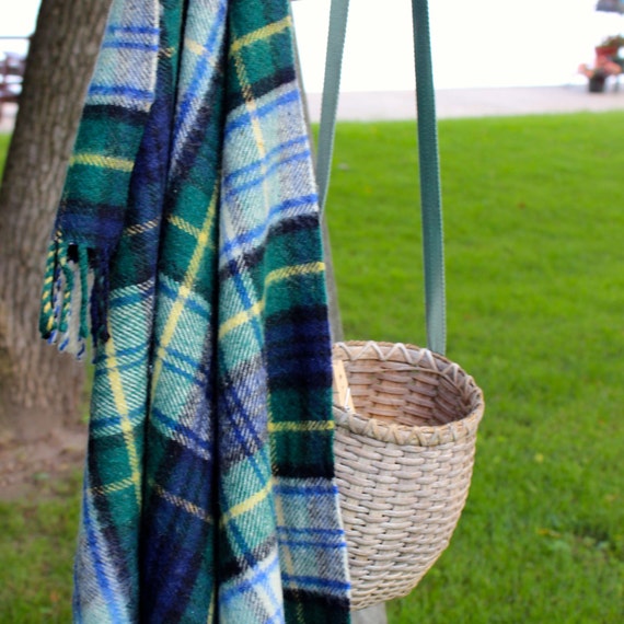 Vintage Wool Blanket Throw Camp Blue Green White Plaid Stadium