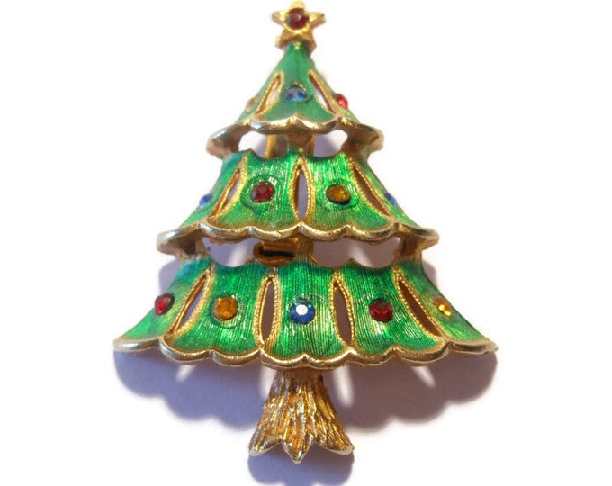 FREE SHIPPING J.J. Christmas Tree Brooch, book piece, 1950 1960's green enamel over gold tone, rhinestone ornaments, rhinestone star topper