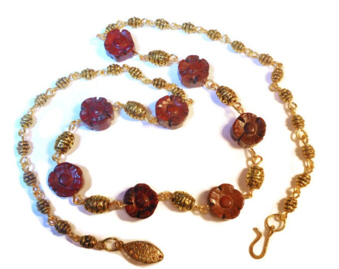 FREE SHIPPING Brecciated Jasper necklace, handmade necklace, jasper flowers necklace, gold plated beads and wire wrapping