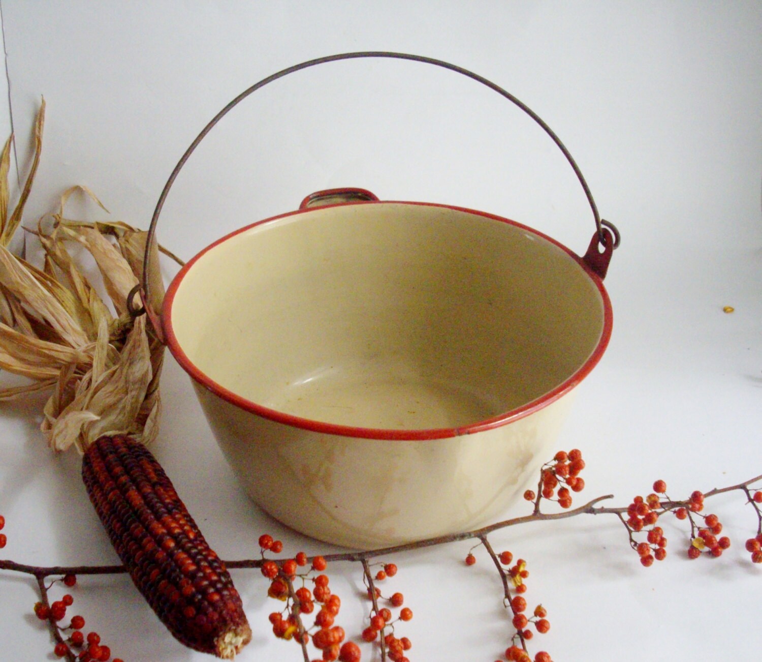 Vintage Enamelware Pot with Handle Tan Red Trim Farmhouse