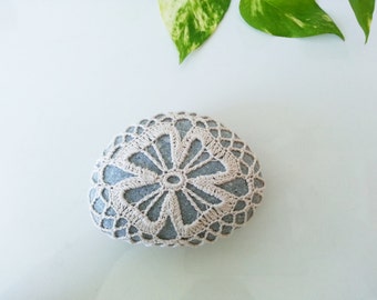 Crochet Lace Stone Ecru Flower Granite Rock Table Decoration Bounty of Nature Beach Home Decor Unique Gifts