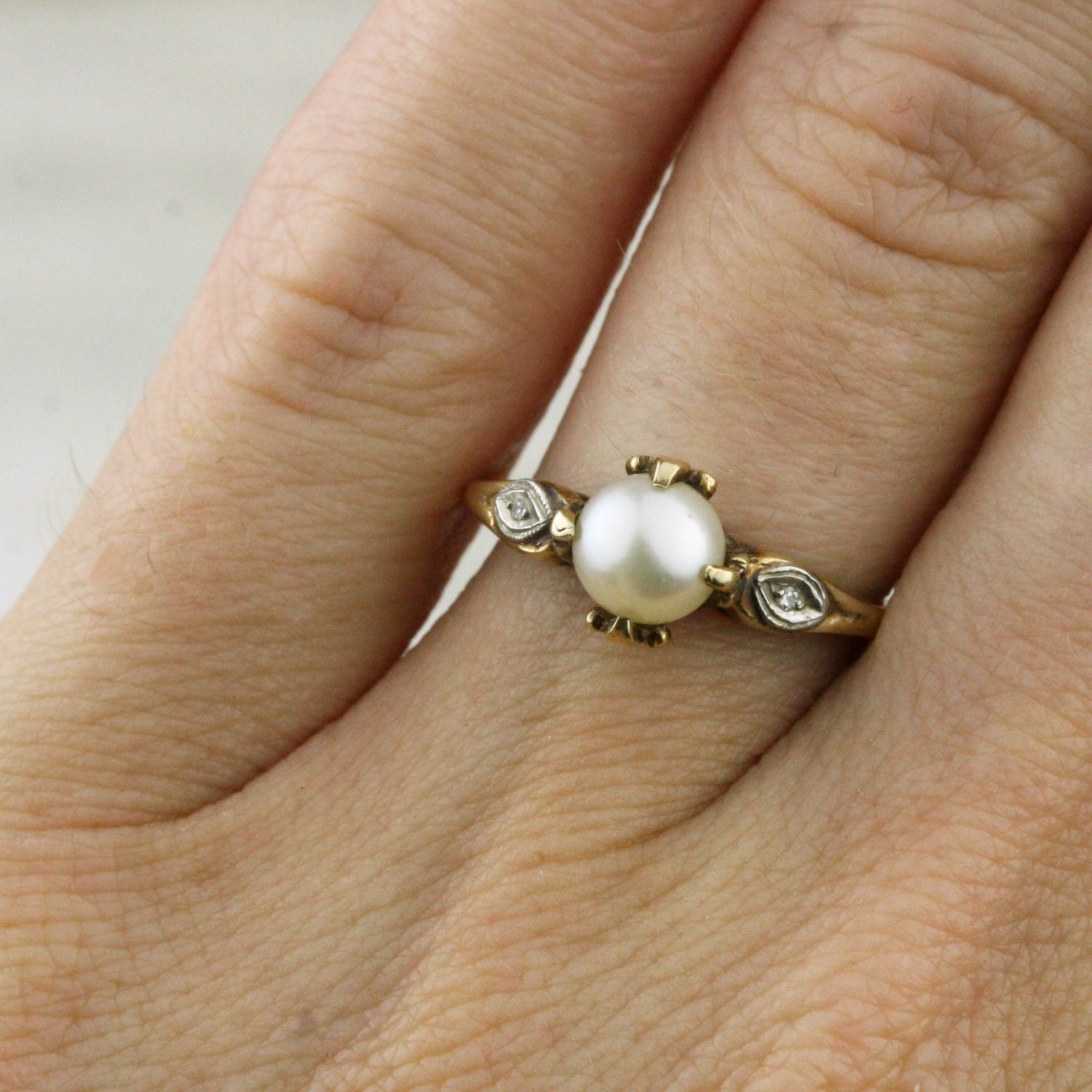 Art Deco 10k Gold Pearl and Diamond Ring with Fleurs de Lys