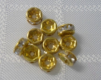 272 Séparateur en perle de strass grade B, couleur or, 6mm diamètre, trou 1.5mm (10 pcs)
