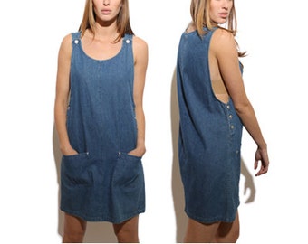 90s DENIM JUMPER DRESS light wash blue jeans sleeveless overalls ...