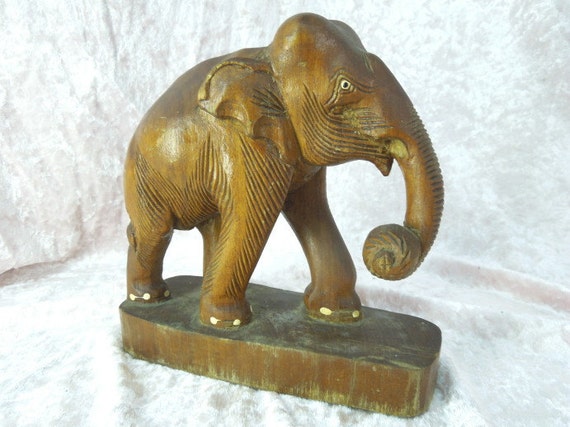 Hand Carved Wood Elephant Statue Missing Ivory Tusks by griffincat