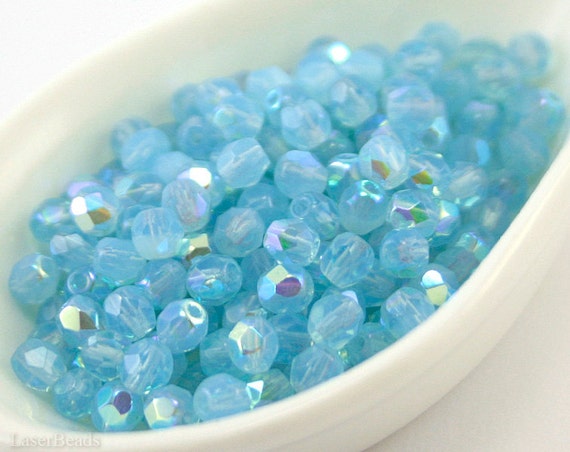 Milky Sky Blue Fire Polished Czech Glass Bead 4mm (50) Round Polish 