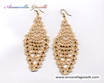 Crochet earrings #E187, ecrù, drop, handmade, shimmer, golden, thread, cotton, modern style, strass