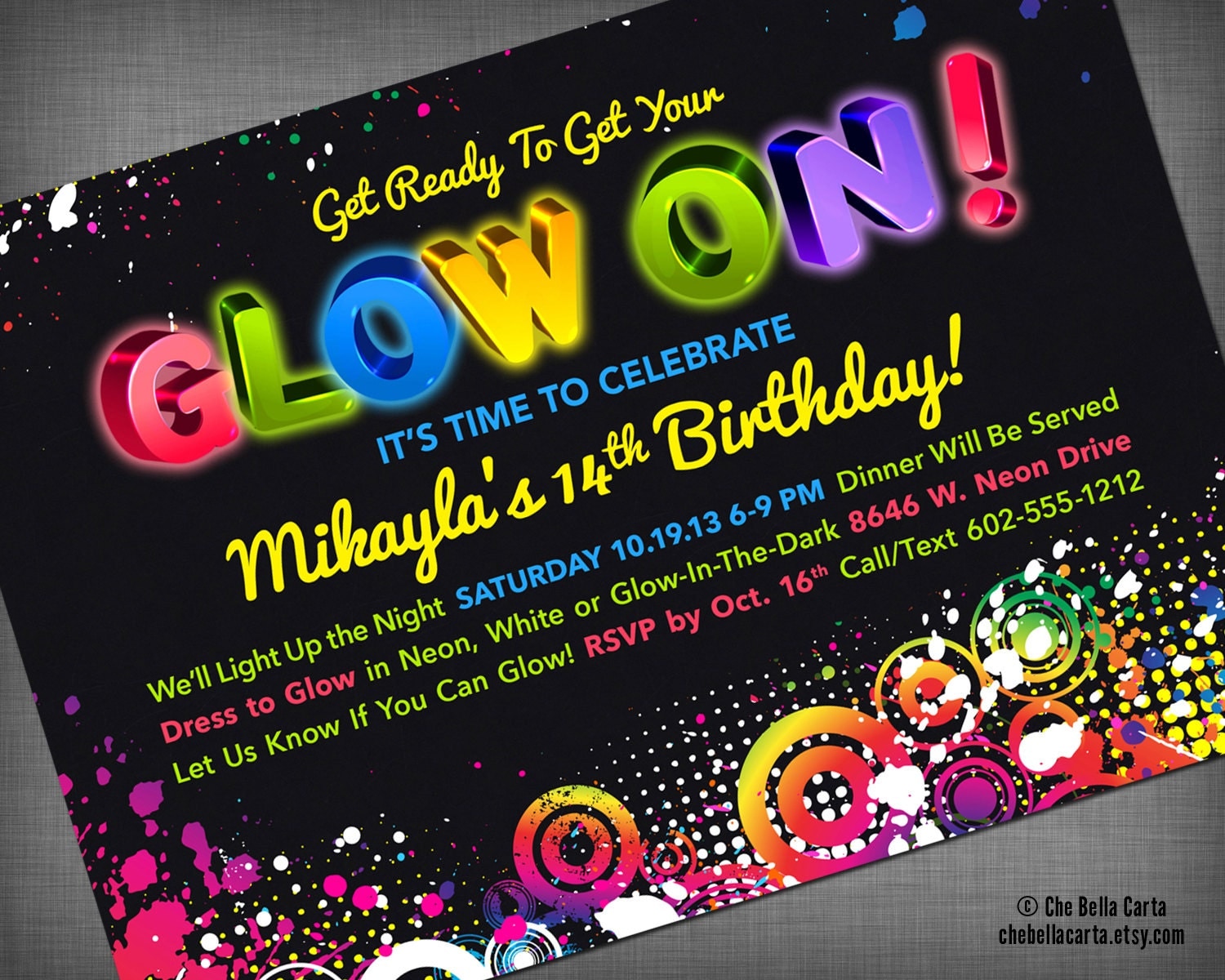 Glow Neon Black Light Party Customized Printable Invitation