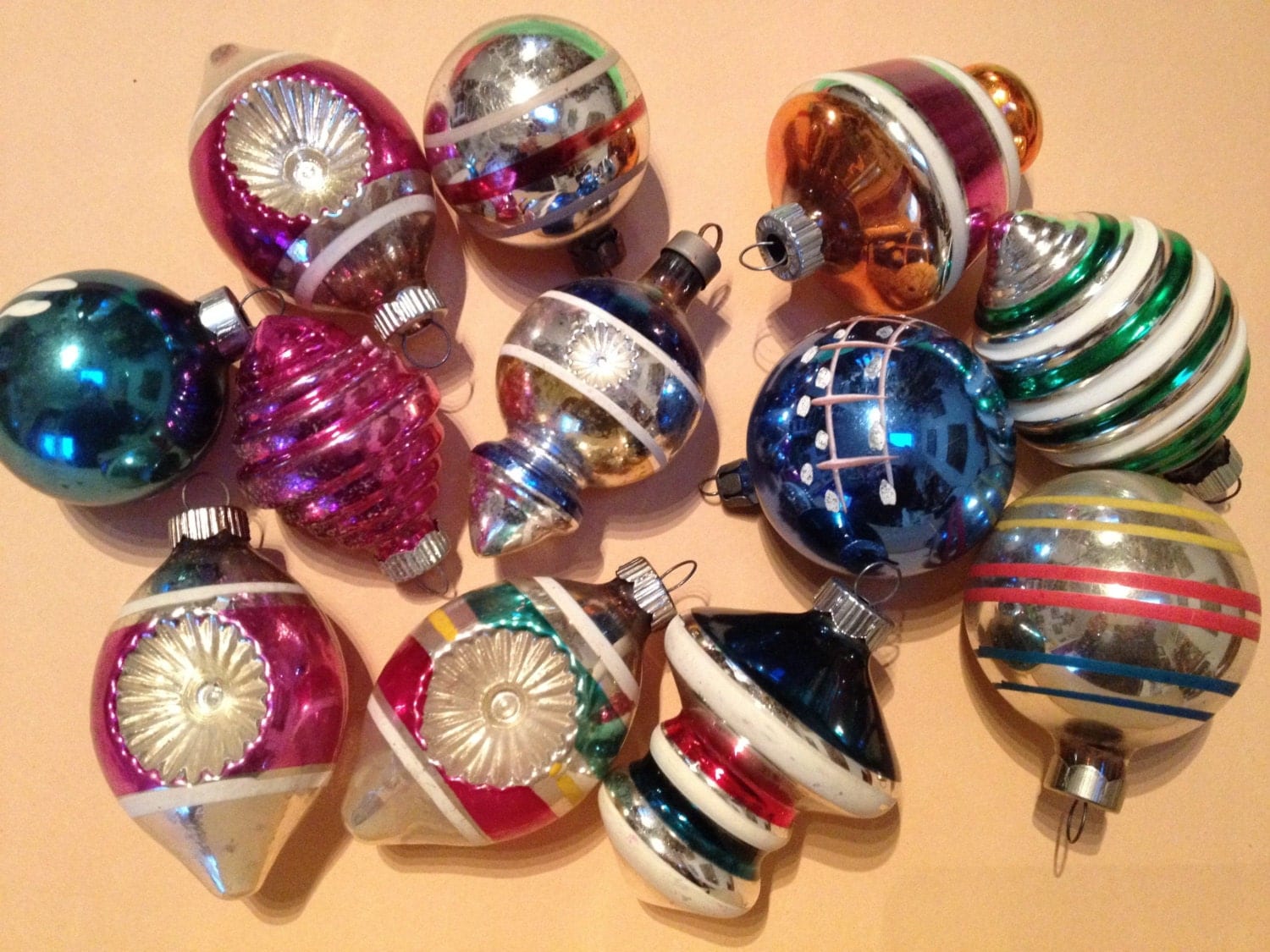 Twelve Vintage Glass Retro Christmas Ornaments 1960s