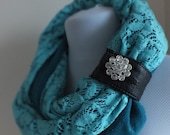infinity scarf, scarves, scarf, turquaz knitwear, rhinestone button and lace scarf, circle,