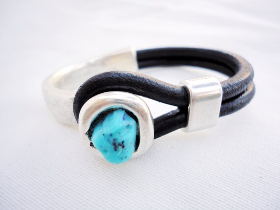 Leather Bracelet. turquoise Half Hook Silver cuff bracelet