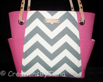 Gray and Hot Pink Chevron - Bag - Purse - Handmade - Handbag - Spring - Summer - Shoulder Bag - leather handles