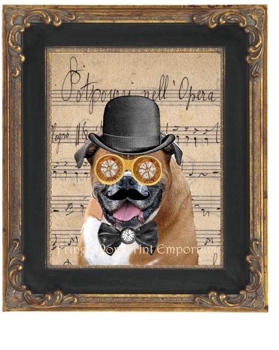 Steampunk Dog Art Print 8 x 10 - Victorian Boxer With Derby Hat Goggles & Mustache - Altered Art Collage by fringepop steampunk buy now online