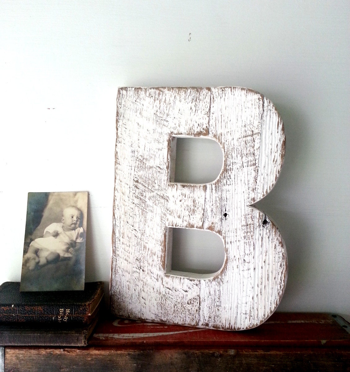 White Wooden Letter B Shabby Cottage Chic Signage Wall Decor