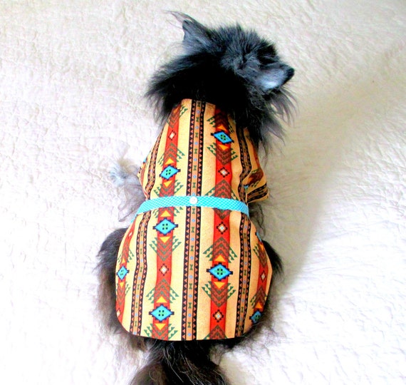 trim pom shirt pom Navajo Print with Turquoise Dog's  & Trim Tan, ' Rust, Black Shirt