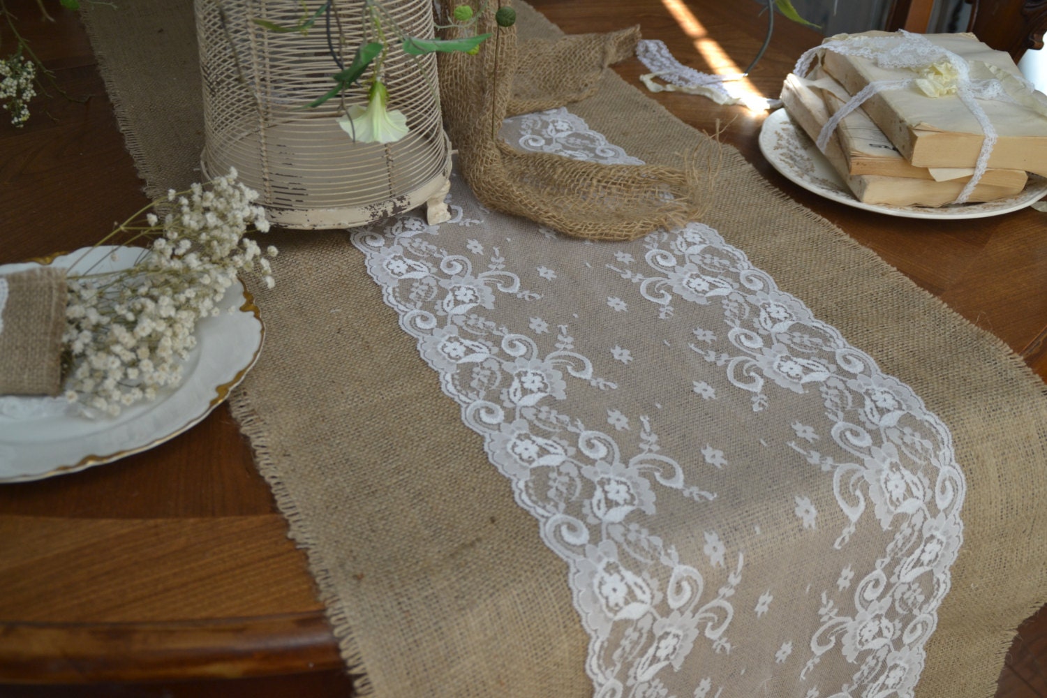 Burlap and Lace Table Runners 96 by18 White