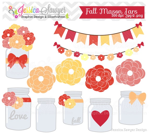 INSTANT DOWNLOAD, fall mason jar clipart - vintage wedding - bunting banner - patterned - commercial use - flower - digital element Il_570xn