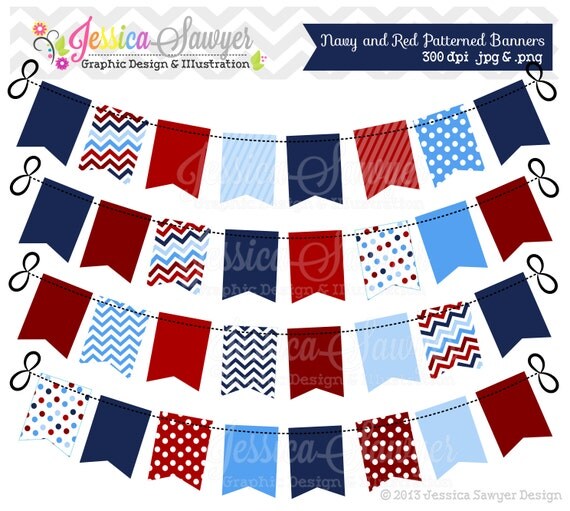 INSTANT DOWNLOAD, navy and red patterned bunting banner clipart, nautical birthday party, for cards, scrapbooking, invites Il_570xn