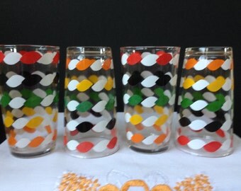 Glassware - Bar Ware - Tumblers - Multi-colored Decals - rope Design - 1950's