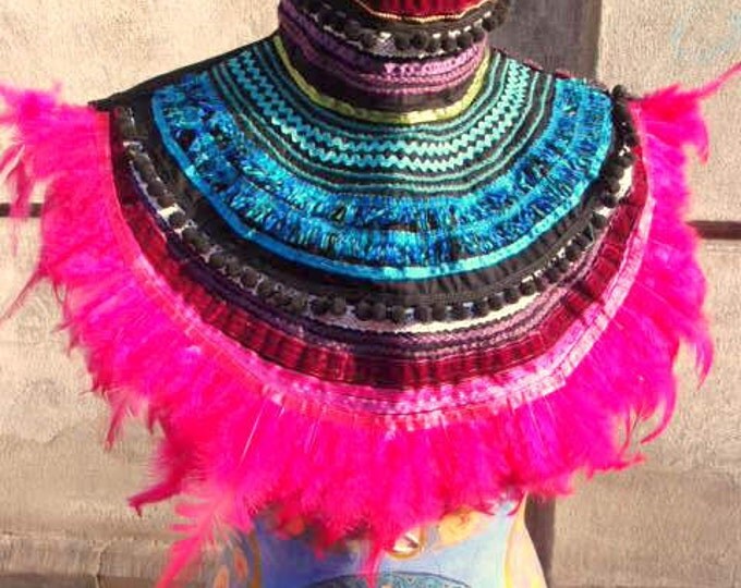 Ethnic Artisian Necklace with Pink Feathers, Ethnic Statement Necklace, Bohemian Necklace, Burning Man Costume, gift for her, for artists