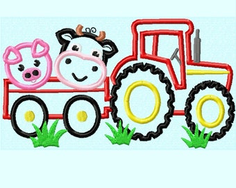 Tractor with Cow and Pig APPLIQUE Embroidery Design 2 sizes INSTANT DOWNLOAD