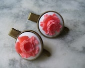 Coral Color Flower on White Cabochon on Antique Brass Hair Clips - Cameo Flower - Shabby Chic - Weddings - CIJ