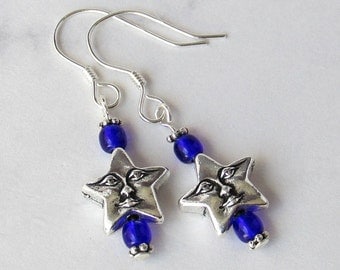 Celestial Happy Star Face Charm Earrings with Cobalt Blue Czech Glass Beads - Sterling Silver Earwires - Metaphysical
