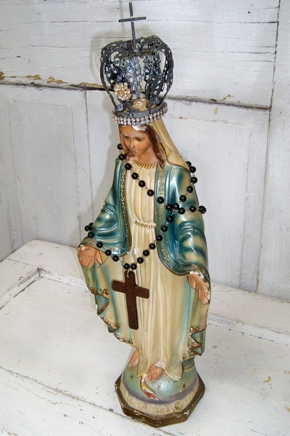 Pearlized chalkware Madonna statue French inspired embellished