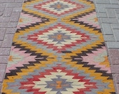Modern Bohemian Home Decor/ Vintage Handwoven Wool Turkish Kilim Rug Runner Carpet, Area Rug Carpet 25,1" X 106,2"
