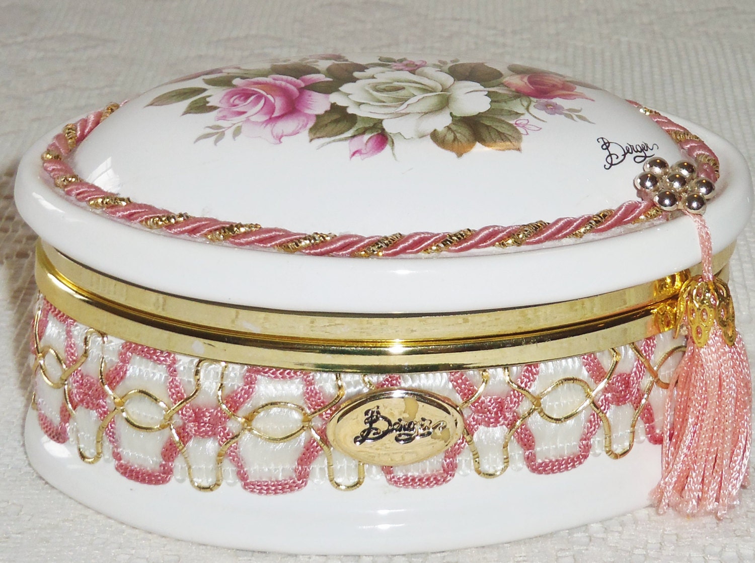 Vintage Berger Porcelain Hinged Trinket Box with Pink Tassel