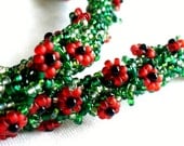 Beaded Red Poppy Necklace, Green Bead Crochet Rope with Red and Black Flowers, Field of Poppies, Flower Garland - Etsy UK Seller