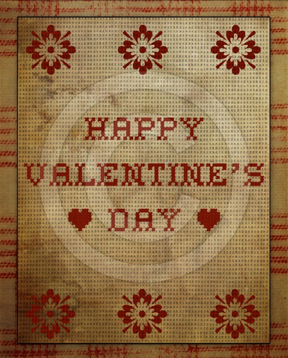 Primitive Happy Valentine's Day Cross Stitch Sampler Printable Digital ...