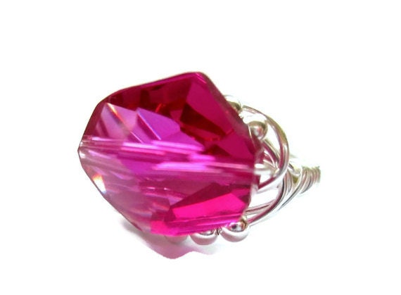 Hot Pink Ring Swarovski Crystal Ring Fushia Wire Wrapped