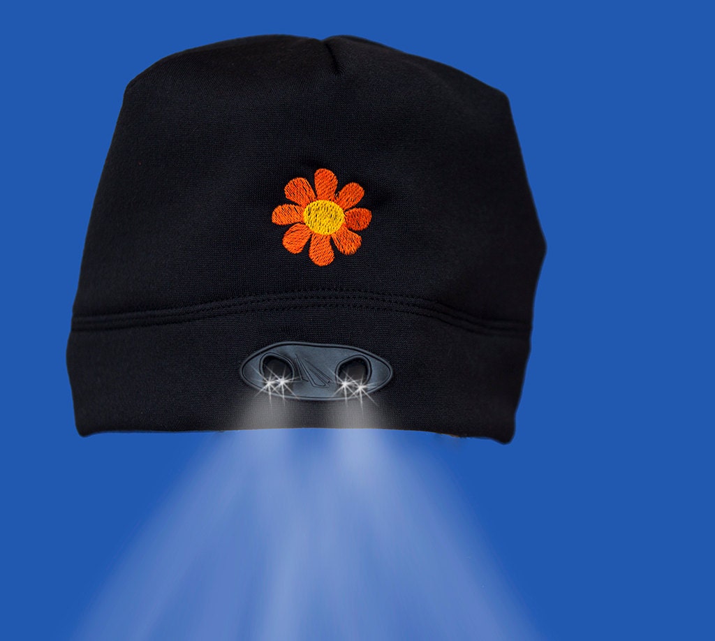 Flashlight Hat Beanie Bright Orange Daisy Black Fleece
