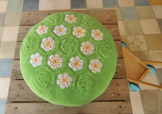 Crochet Knit Pouffe, Large Bright Green Floral Pouf. Pouf Ottoman. Housewarming Gift. Daisies Crochet Pattern Pouf. Footstool Poof.