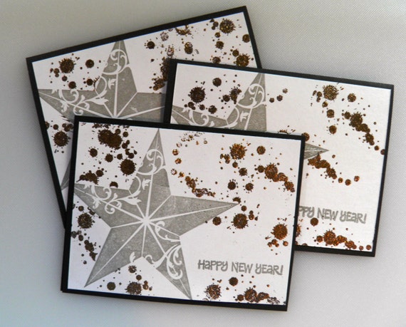 Happy New Year, Star, Holiday Card, Thank You, Card for a Man, Card for a Friend, Handmade, Grey and Gold, Embossed, Unique, Special