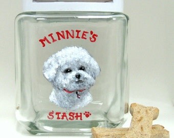 Treat Jar, Bichon Frise, Pet Painting, Dog Biscuit Decanter, Dog Food Canister, Custom Pet Portrait, Kitchen Decor, Glass Jar, Dog Food