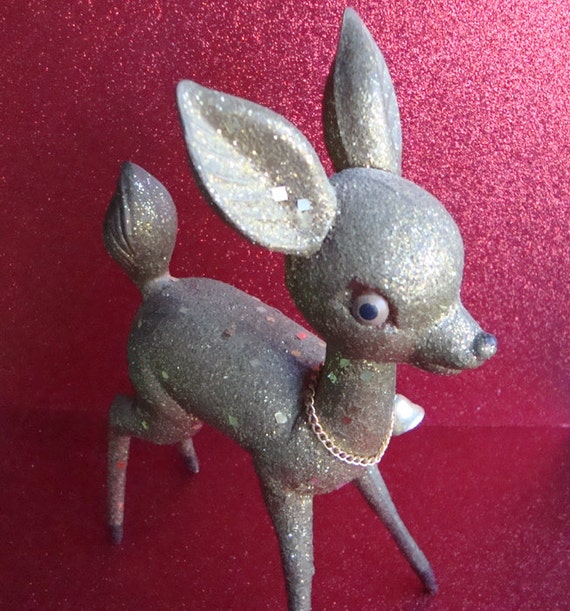Vintage Gold Glitter Plastic Reindeer ~ Kitschy Retro Christmas Decor