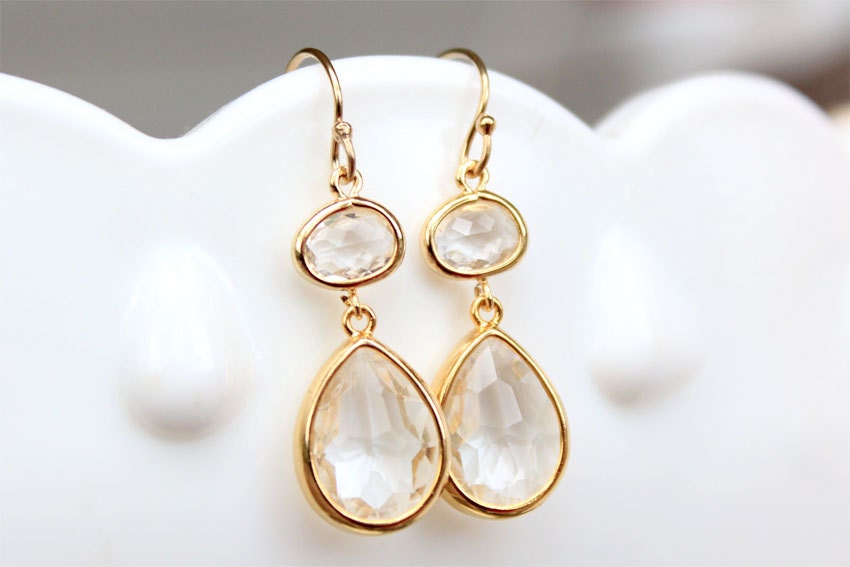 Clear Bridesmaid Earrings Crystal Clear Earrings in Gold