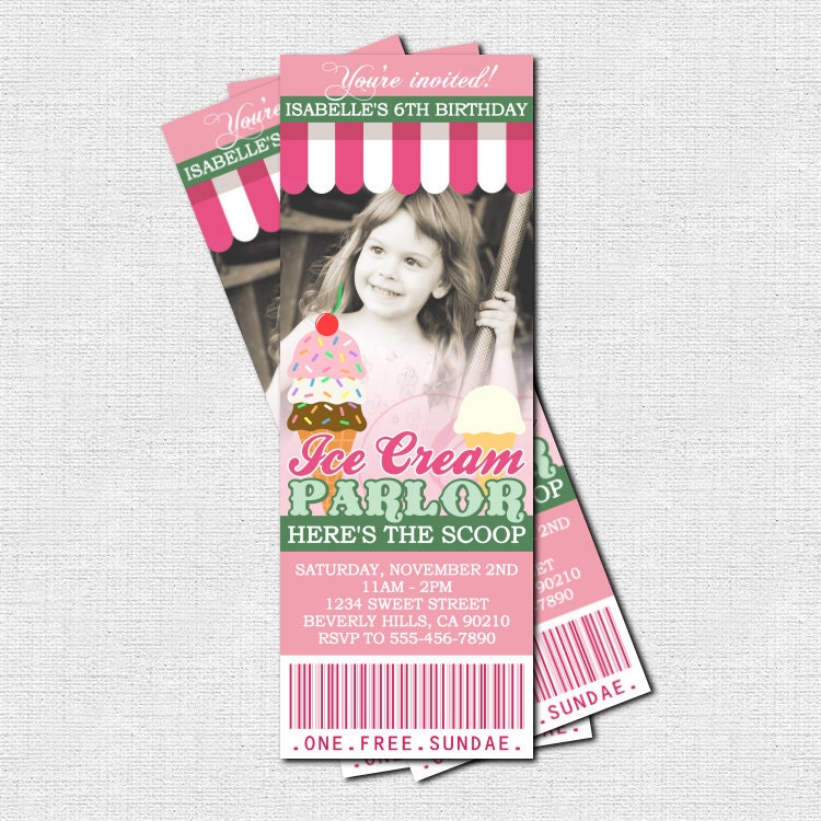 ice cream parlor ticket invitations birthday party ice cream