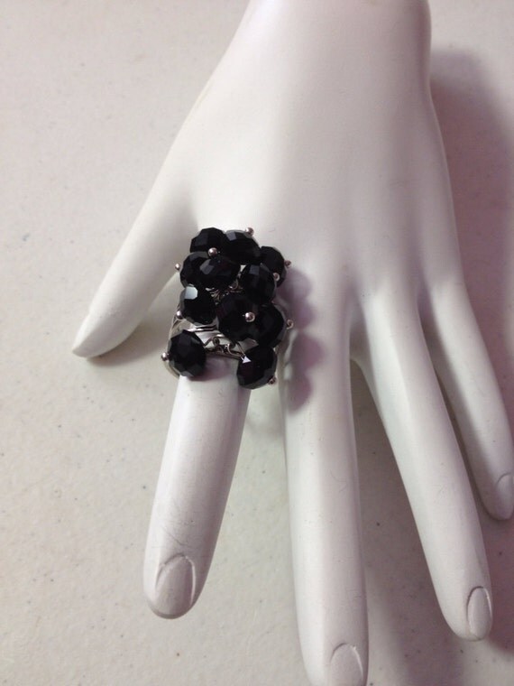 Faceted Black Crystal Ring Black Beaded Ring Chunky