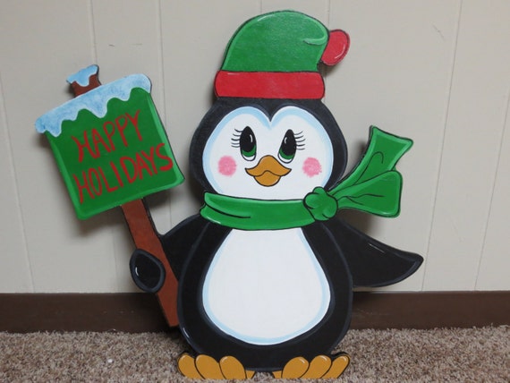 Christmas Penguin with Happy Holidays Sign Wood by chardoman