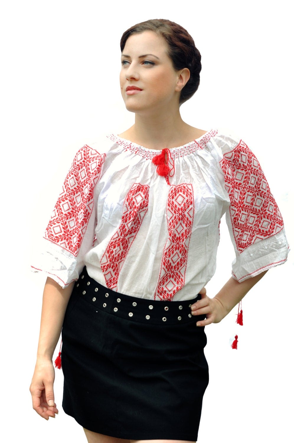 Romanian traditional blouse with red embroidery for spring/