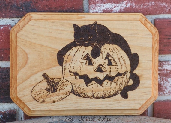 Items similar to Black Cat with Halloween Pumpkin Wood ...