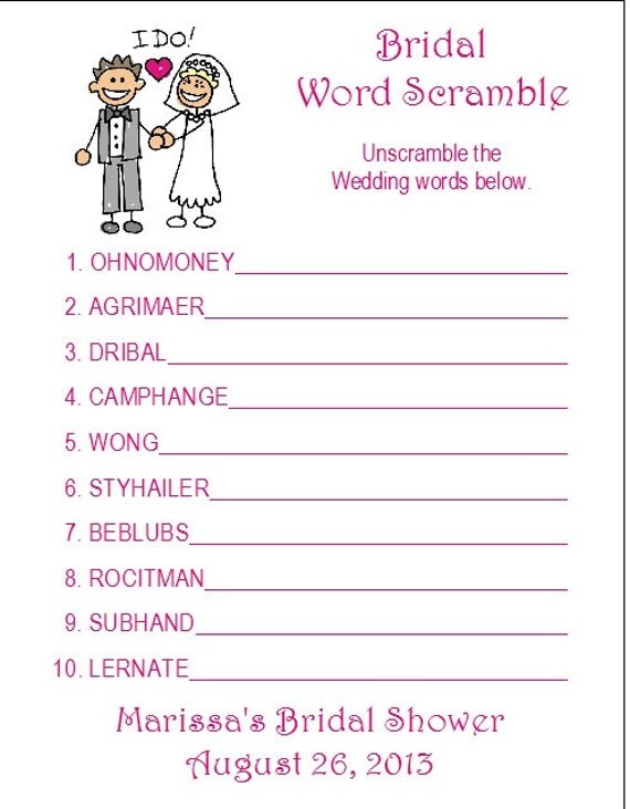 24 Personalized WORD SCRAMBLE Bridal Shower Game by Print4U