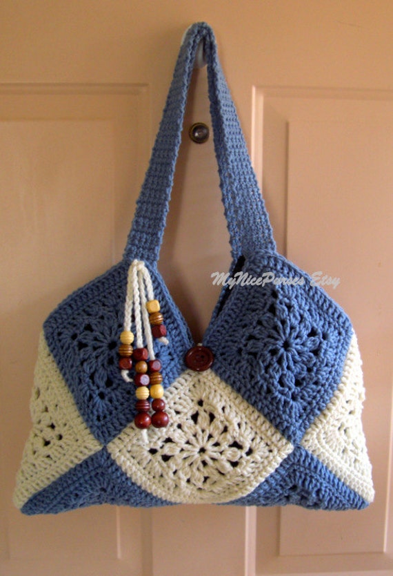 Crochet cream and blue shoulder bag, granny squares shoulder bag ...